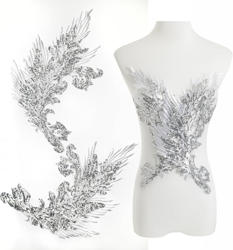 Silvora Pair Embroidery Phoenix Costume Sequin Appliques Patches, Peacock Feather Tail Applique Embellishments for Dance Dresses,Clothes,T-Shirt，Neckline Bodice Pants (Silver) - Image 1